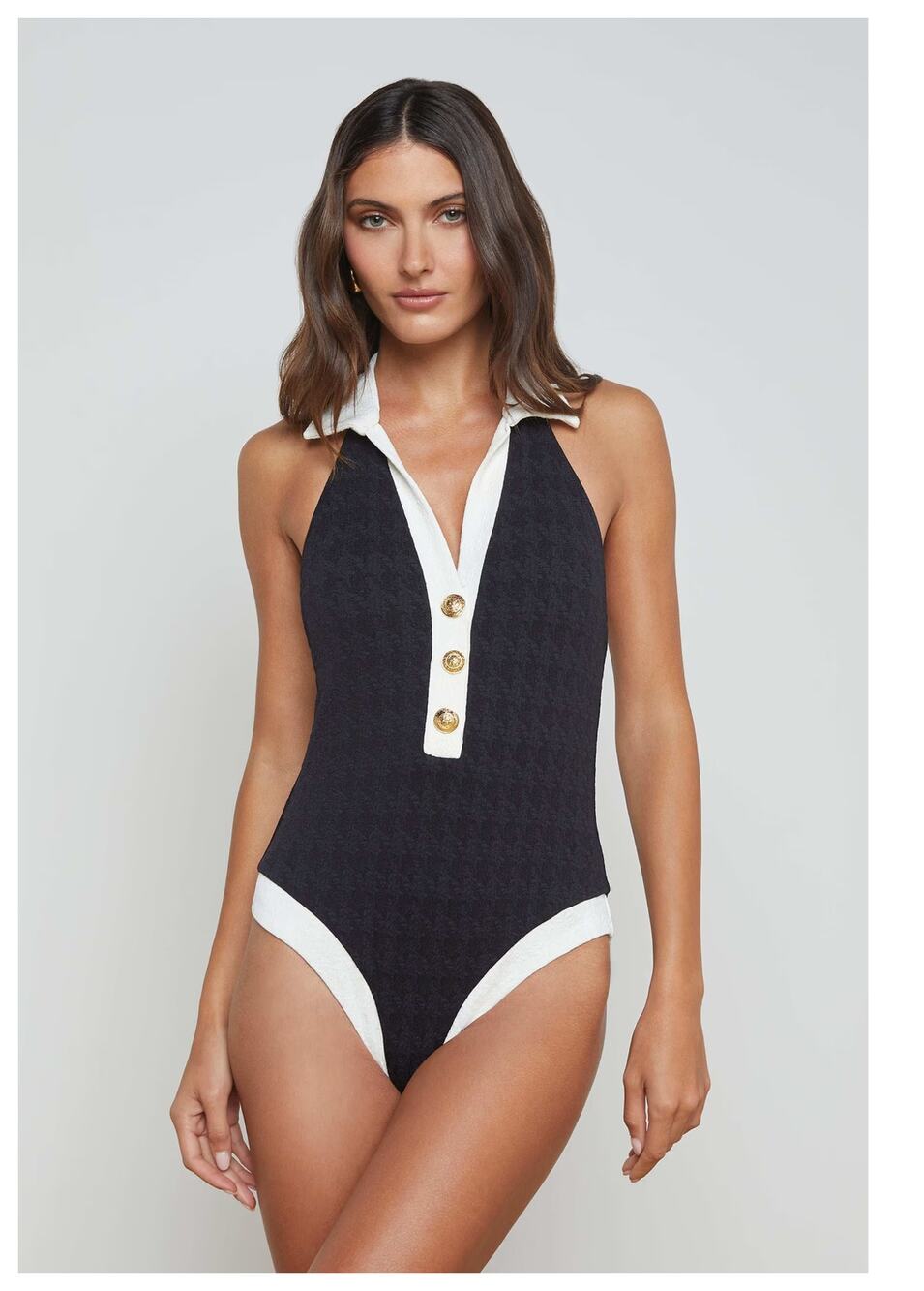 NEW L'AGENCE Natalya Colorblock Halter One-Piece Swimsuit Size Large